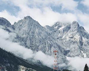 Превью обои горы, скалы, склон, канатная дорога, деревья