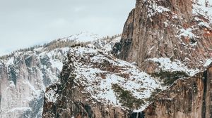 Превью обои горы, скалы, снег, деревья, пейзаж, зима