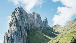 Превью обои горы, скалы, ущелье, склон, зелень