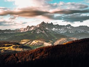 Превью обои горы, скалы, вершины, деревья, облака, пейзаж