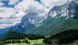 Превью обои горы, склон, лес, альпы, пейзаж