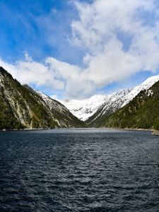 Превью обои горы, склон, море, волны, облака