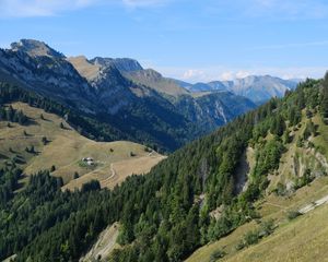 Превью обои горы, склоны, долина, деревья, пейзаж