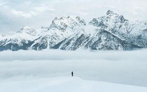 Превью обои горы, снег, человек, силуэт, одиночество