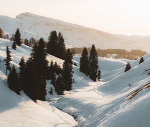 Превью обои горы, снег, деревья, ручей, зима