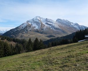 Превью обои горы, снег, деревья, склон, пейзаж