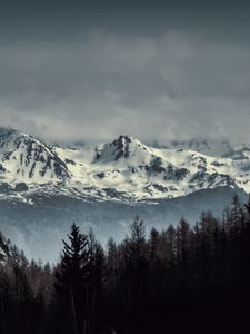 Превью обои горы, снег, деревья, облака, пейзаж