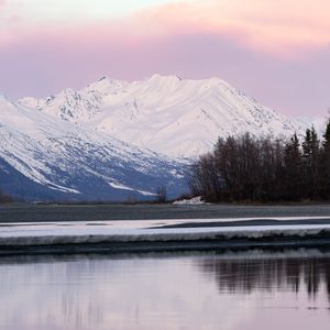 Превью обои горы, снег, деревья, берег, река