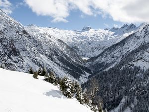 Превью обои горы, снег, долина, зима, пейзаж