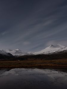 Превью обои горы, снег, долина, сумерки, природа
