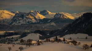 Превью обои горы, снег, дома, зима, природа