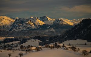 Превью обои горы, снег, дома, зима, природа