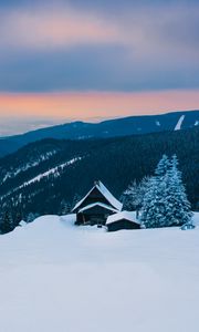 Превью обои горы, снег, домик, зима, хижина, альпы