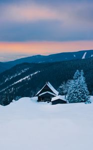 Превью обои горы, снег, домик, зима, хижина, альпы