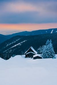 Превью обои горы, снег, домик, зима, хижина, альпы