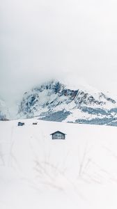 Превью обои горы, снег, домики, зима, пейзаж