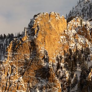 Превью обои горы, снег, лес, скалы