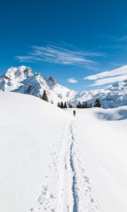 Превью обои горы, снег, лыжник, дорожка, заснеженный