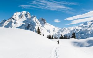 Превью обои горы, снег, лыжник, дорожка, заснеженный