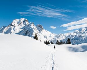 Превью обои горы, снег, лыжник, дорожка, заснеженный