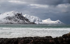 Превью обои горы, снег, море, берег, природа