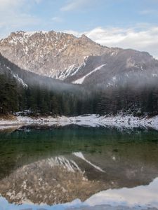 Превью обои горы, снег, озеро, отражение, деревья