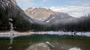Превью обои горы, снег, озеро, отражение, деревья