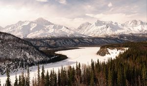 Превью обои горы, снег, река, деревья, зима