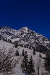 Превью обои горы, снег, склон, деревья, вид, пейзаж, ночь