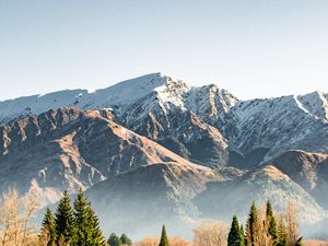 Превью обои горы, снег, вершины, деревья, ель