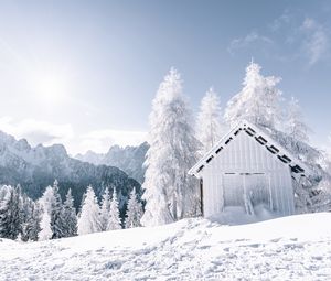 Превью обои горы, снег, зима, строение, деревья, снежный