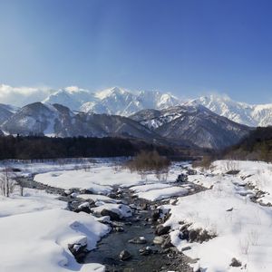 Превью обои горы, снег, зима, ручей, пейзаж