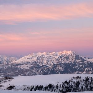 Превью обои горы, снег, зима, долина, деревья, природа