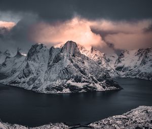 Превью обои горы, снежный, озеро, дорога