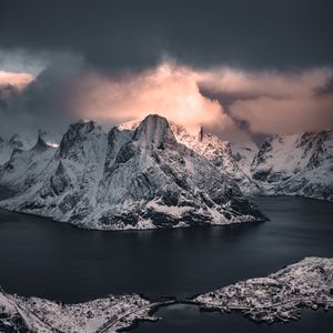 Превью обои горы, снежный, озеро, дорога