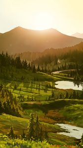 Превью обои горы, солнце, лес, арт
