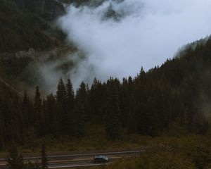 Превью обои горы, сосны, деревья, туман, дорога, автомобиль, природа