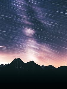 Превью обои горы, темный, ночь, длинная выдержка, звездное небо