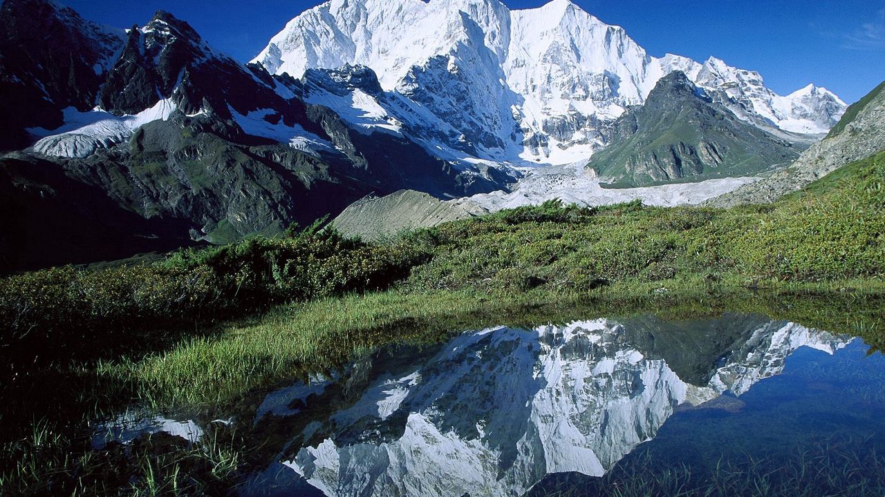 Обои горы, тибет, вершина, озеро, отражение