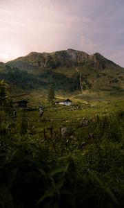 Превью обои горы, трава, дом, холм