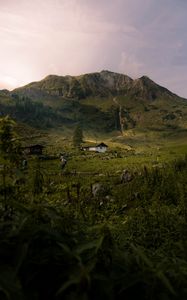 Превью обои горы, трава, дом, холм