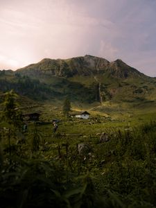 Превью обои горы, трава, дом, холм
