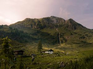 Превью обои горы, трава, дом, холм