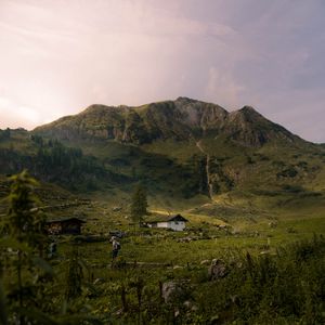 Превью обои горы, трава, дом, холм