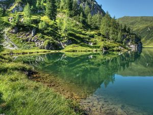 Превью обои горы, трава, небо, озеро