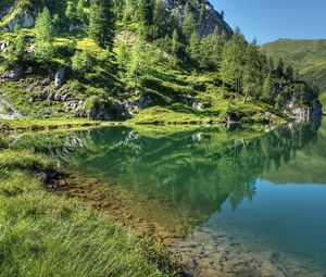 Превью обои горы, трава, небо, озеро