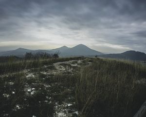 Превью обои горы, трава, тропинка, даль