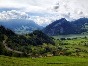 Превью обои горы, трава, вершина, подножие горы