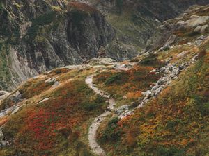 Превью обои горы, тропинка, вид сверху, камни, скалы