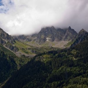 Превью обои горы, туман, деревья, пейзаж